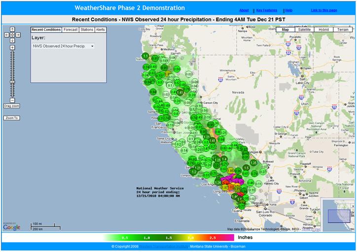 WeatherShare screenshot (12/21/2010): The NWS Observed 24 Hour Precipitation layer shows a large amount of precipitation throughout California, including very heavy precipitation in the Los Angeles area.