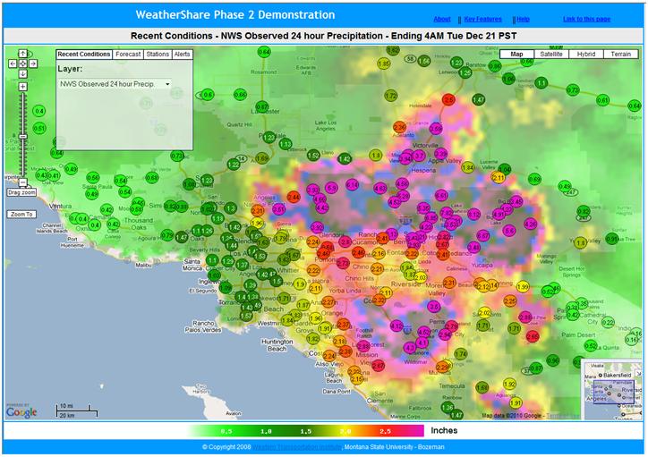 WeatherShare screenshot (12/21/2010): The user can zoom in on a specific area to get more detail about the conditions.  Here, we zoomed in on the Los Angeles area and found precipitation values of over 4 inches or more from the past 24 hours.