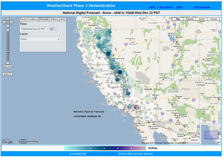 WeatherShare screenshot (12/22/2010): In addition to past and current weather information, WeatherShare also provides forecasts using data from the National Weather Service’s National Digital Forecast Database (NDFD). This screenshot shows forecasted cumulative snow for a six hour period.