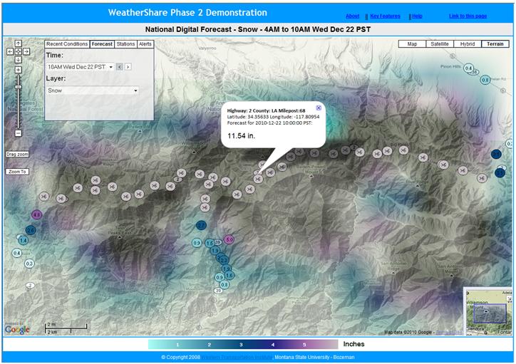 WeatherShare screenshot (12/22/2010): With the zoom function, the user can get pertinant forecast information for the area of interest. We zoom in for further detail and find the following location along Highway 2, which indicates over 11 inches of snow during this 6-hour period.