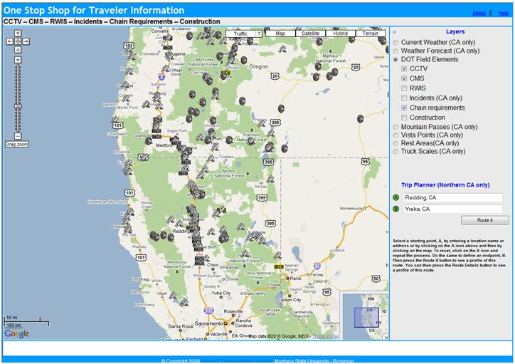 OSS screenshot (12/22/2010): DOT Field Elements layer and the CCTV, CMS and Chain Requirements sub-layers of OSS.