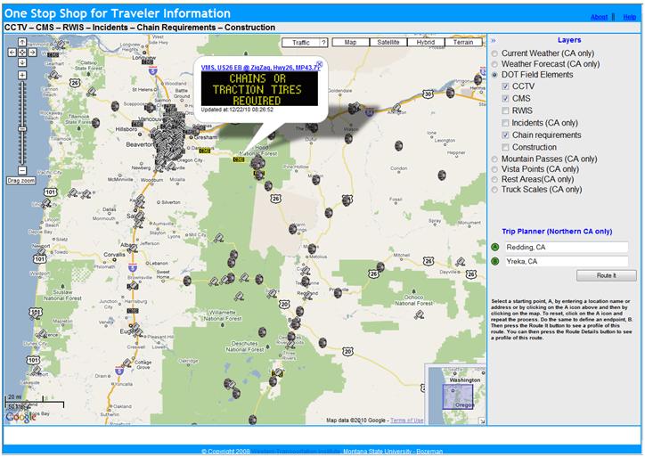 OSS screenshot (12/22/2010):  CMS indicating chain and traction tire requirements in Oregon.