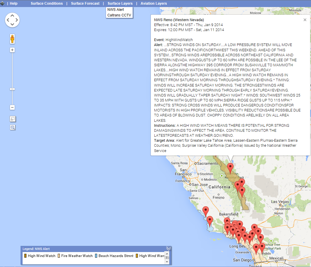 A NWS Alert for a High Wind Watch in Central California. A NWS Alert for a High Wind Watch in Central California.
