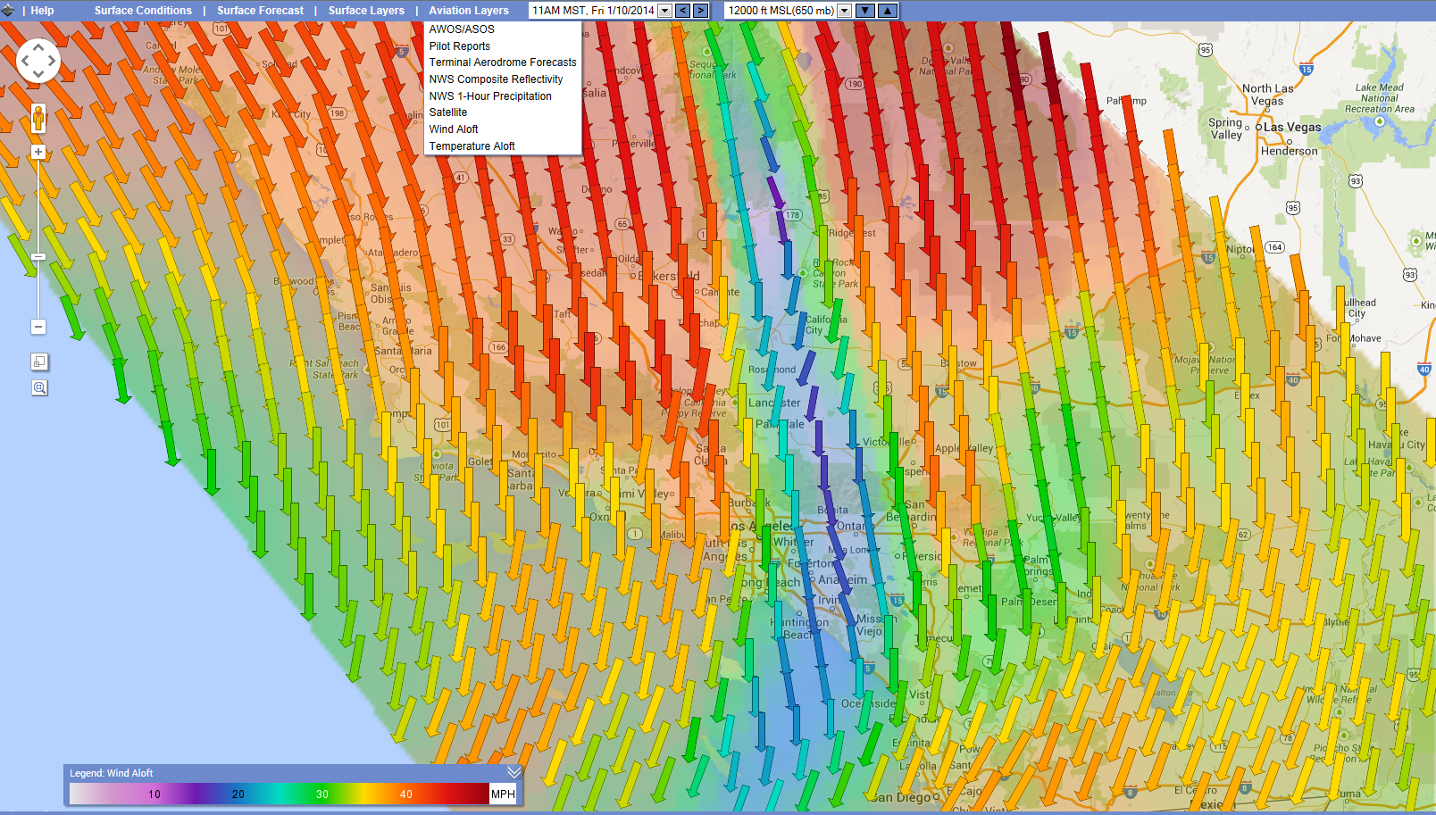 A pattern of strong Wind Aloft speeds in Southern California at 12000 ft. A pattern of strong Wind Aloft speeds in Southern California at 12000 ft.