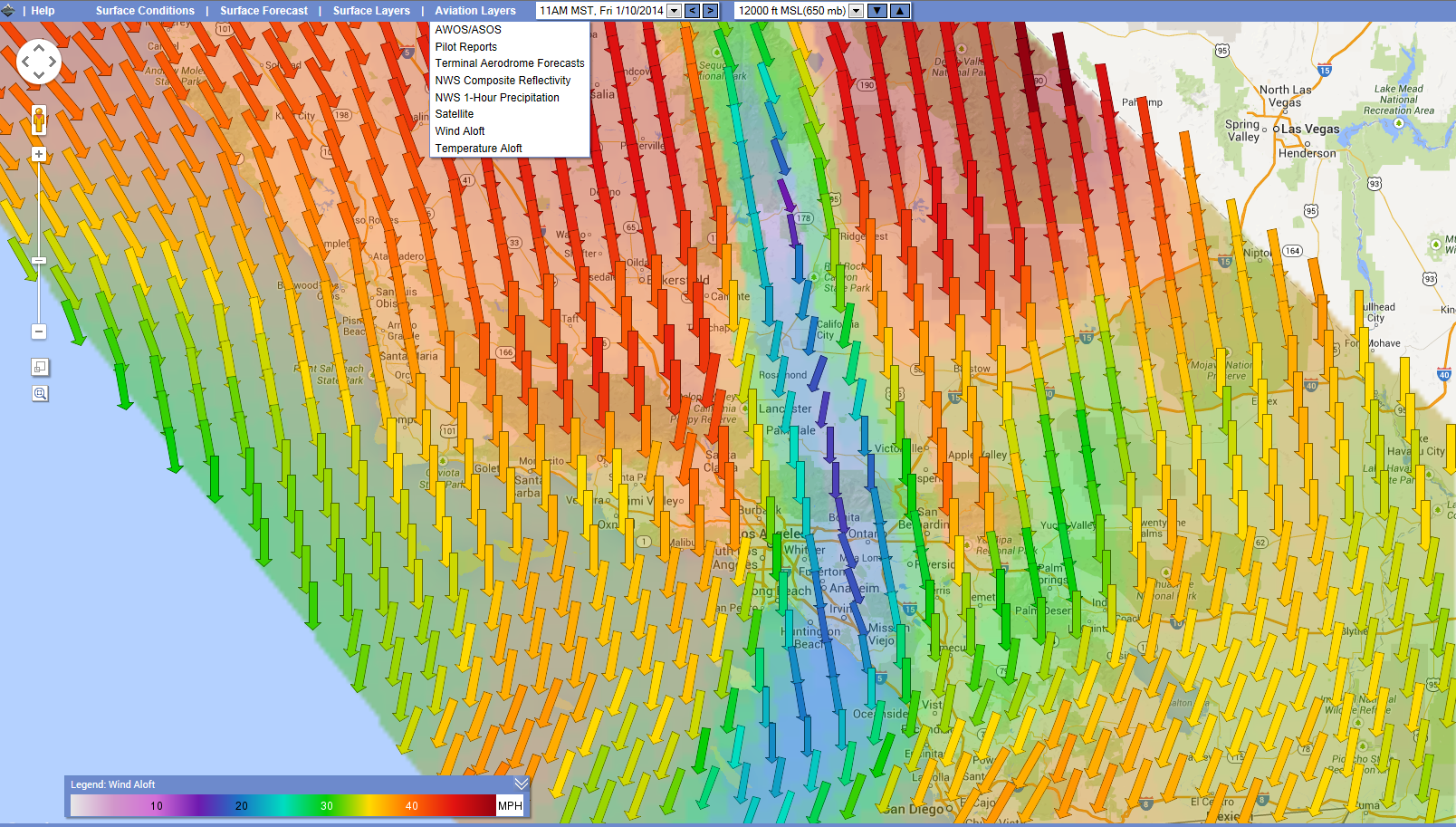 A pattern of strong Wind Aloft speeds in Southern California at 12000 ft.