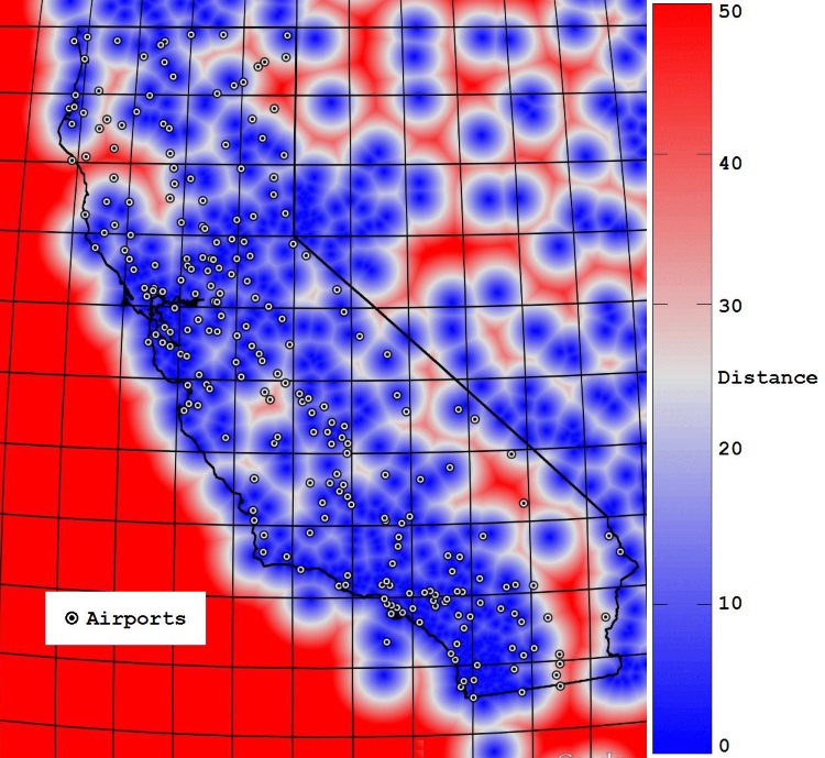 Airports Relative to Heat Map for Coverage from Reporting AWOS / ASOS / RWIS / MADIS / MesoWest Site with QC-Passed Observations and Reporting Frequency of 15 Minutes or Better (Blue = less than 25 miles from nearest site, White = 25 miles from nearest site, Red = more than 25 miles to nearest site).