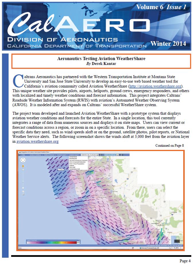CalAero Newsletter featuring an article on the testing of the Aviation WeatherShare web application.