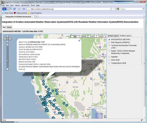 AWOS/RWIS screenshot: Aviation Layers tab, AWOS/ASOS (METAR) layer.