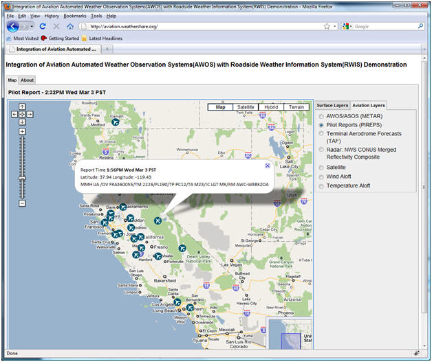 AWOS/RWIS screenshot: Pilot Reports (PIREPS) layer with observations in encoded form.