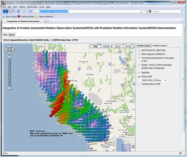 AWOS/RWIS screenshot: A Wind Aloft forecast display for 9000ft MSL.