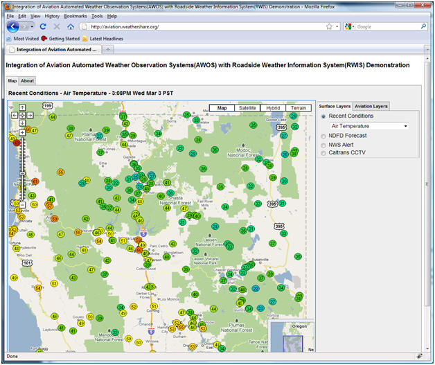 AWOS/RWIS screenshot: This is the original surface temperature display screen zoomed in on the Redding, CA area.