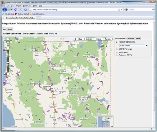 AWOS/RWIS screenshot: The recent conditions display also can show current wind speeds for a given area.