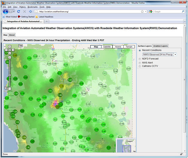 AWOS/RWIS screenshot: Due to the variability in precipitation reported from sensors, we've included data from the National Weather Service.