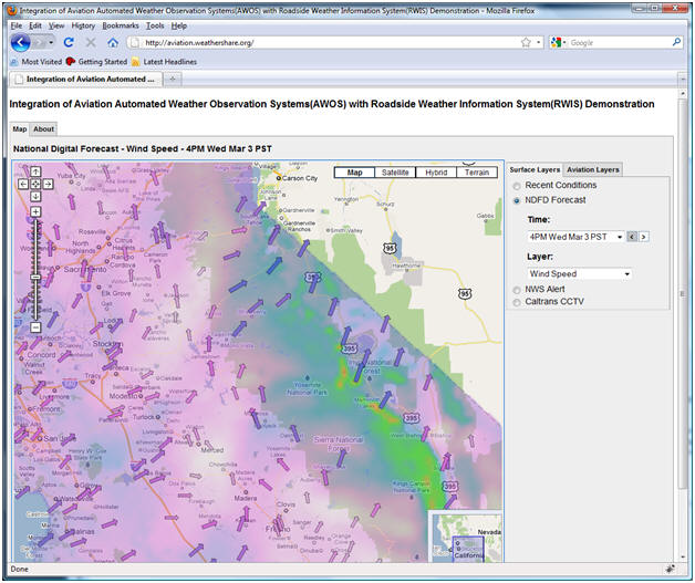 AWOS/RWIS screenshot: Surface Wind forecasts from the NDFD are included in the Surface Layers tab under the NDFD Forecast heading.