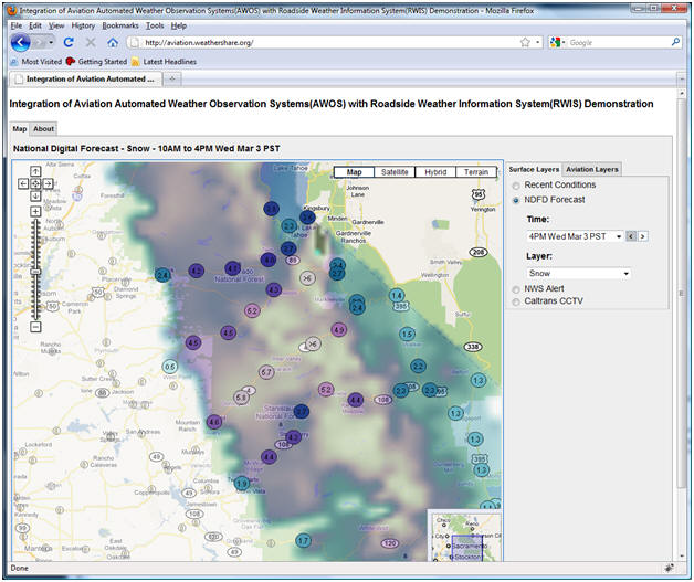 AWOS/RWIS screenshot: Users can ascertain information about snow forecasts over six hour time periods from the NDFD as well.