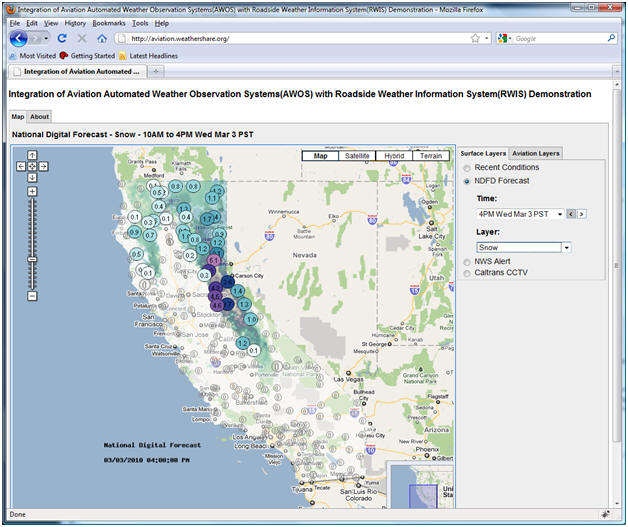 AWOS/RWIS screenshot: The NDFD images can be zoomed in and out much the same way as the other surface layer images.