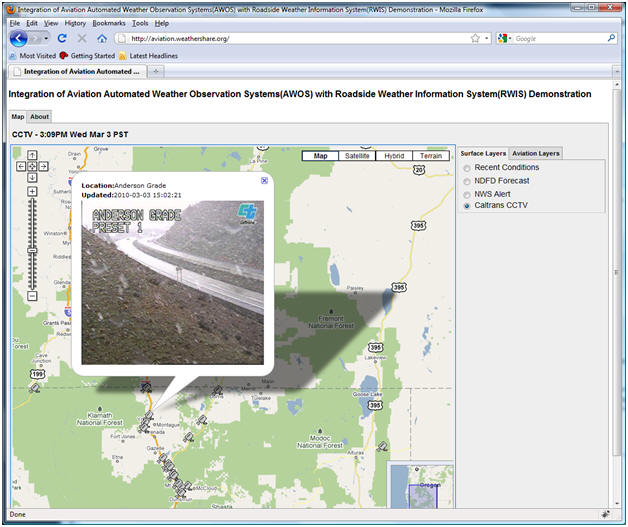 AWOS/RWIS screenshot (3/3/2010): A Caltrans District 2 Camera shows snow and poor visibility on Siskiyou Pass.