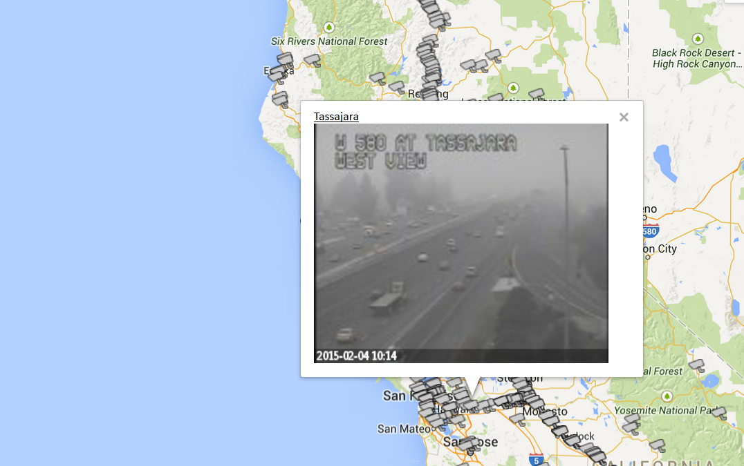 A Caltrans CCTV on W 580 shows low visibility at ground level. A Caltrans CCTV on W 580 shows low visibility at ground level.