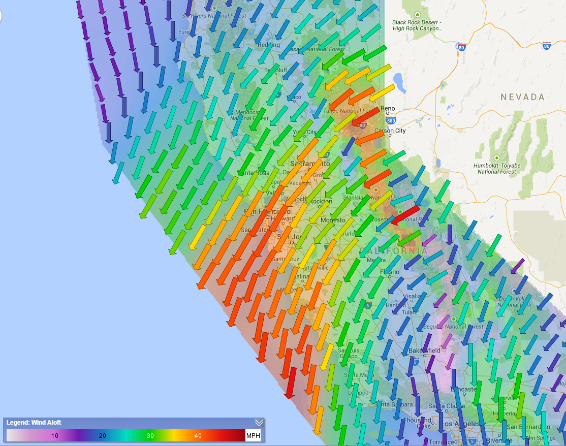 Aviation WeatherShare displays layers which show wind intensity and direction for various altitudes.