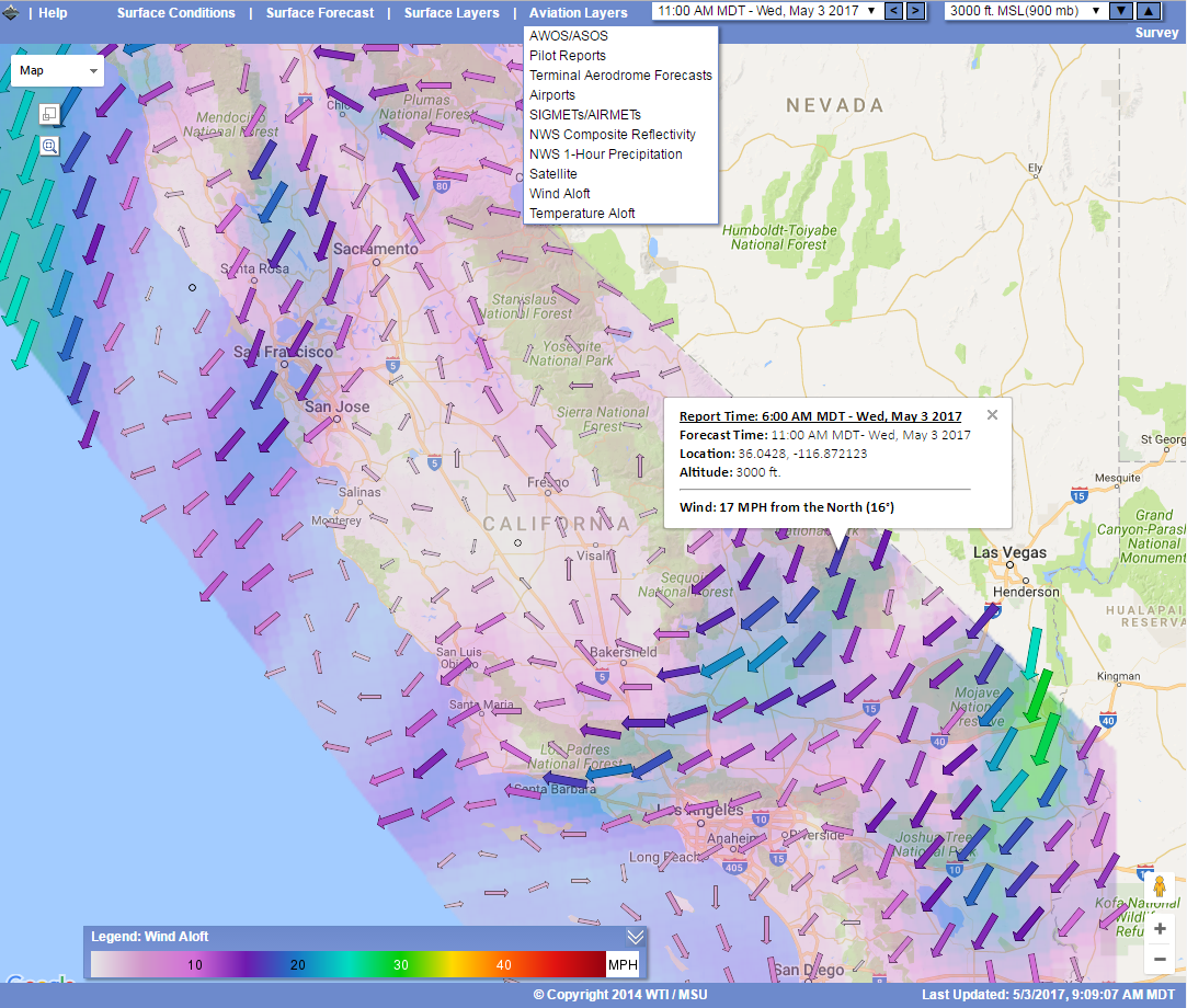 Aviation Weather Information website screenshot, 2017-05-03, Wind Aloft Speed at 3000 ft.