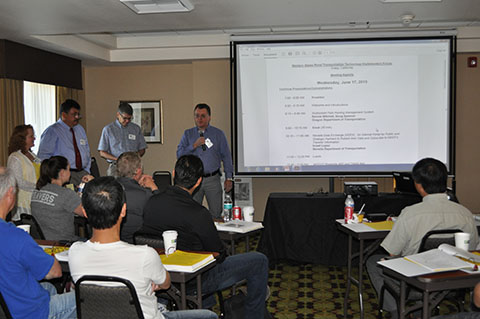 Western States Forum Steering Committee members welcome participants to the 10th Annual WSRTTIF.  Left to right: Leann Koon, Western Transportation Institute; Ian Turnbull, Caltrans District 2; Sean Campbell, Caltrans Division of Research, Innovation, and System Information; and Doug Galarus, Western Transportation Institute.