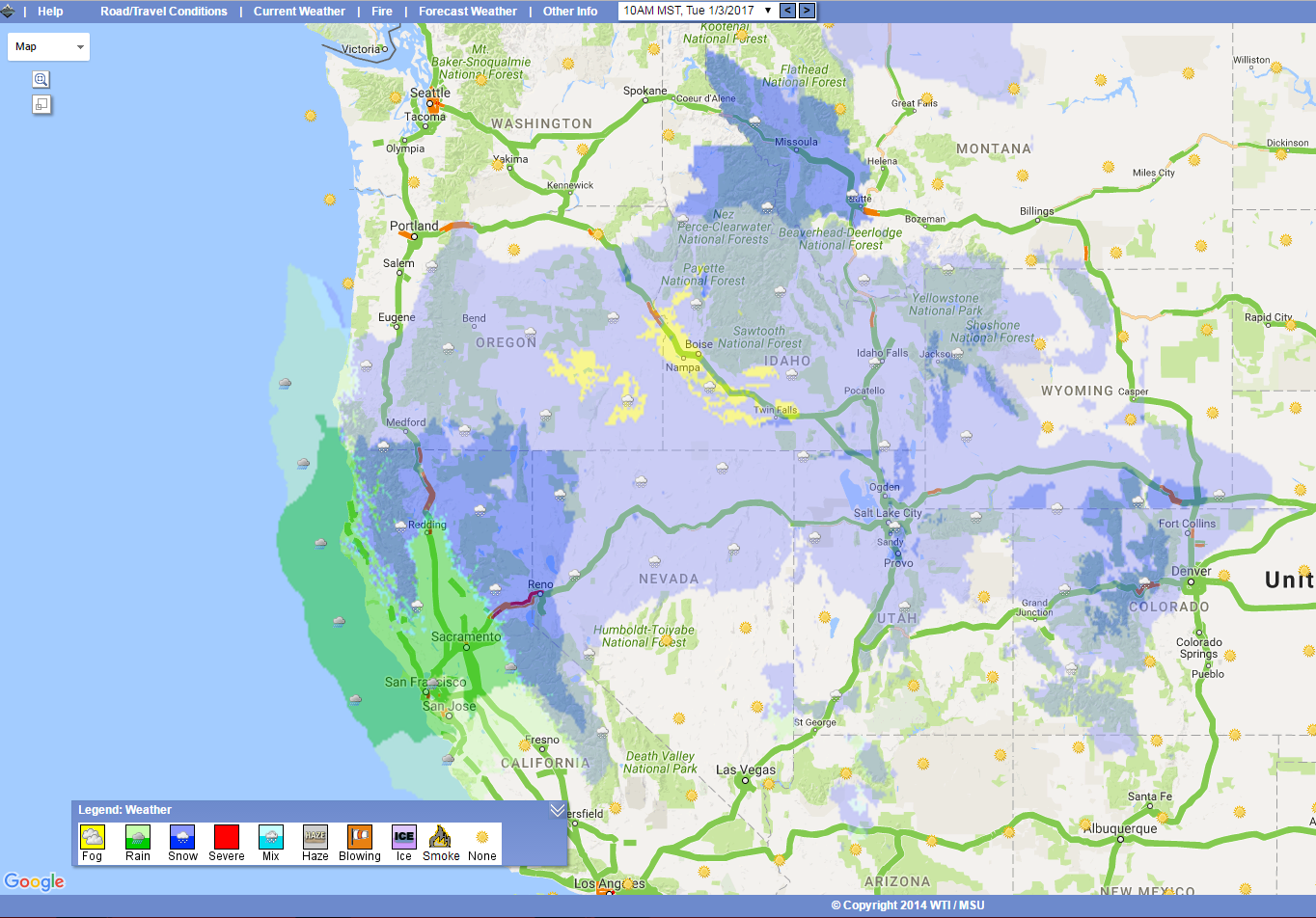 OSS screenshot, 1/3/2017: Winter conditions along major routes in western United States. OSS screenshot, 1/3/2017: Winter conditions along major routes in western United States.