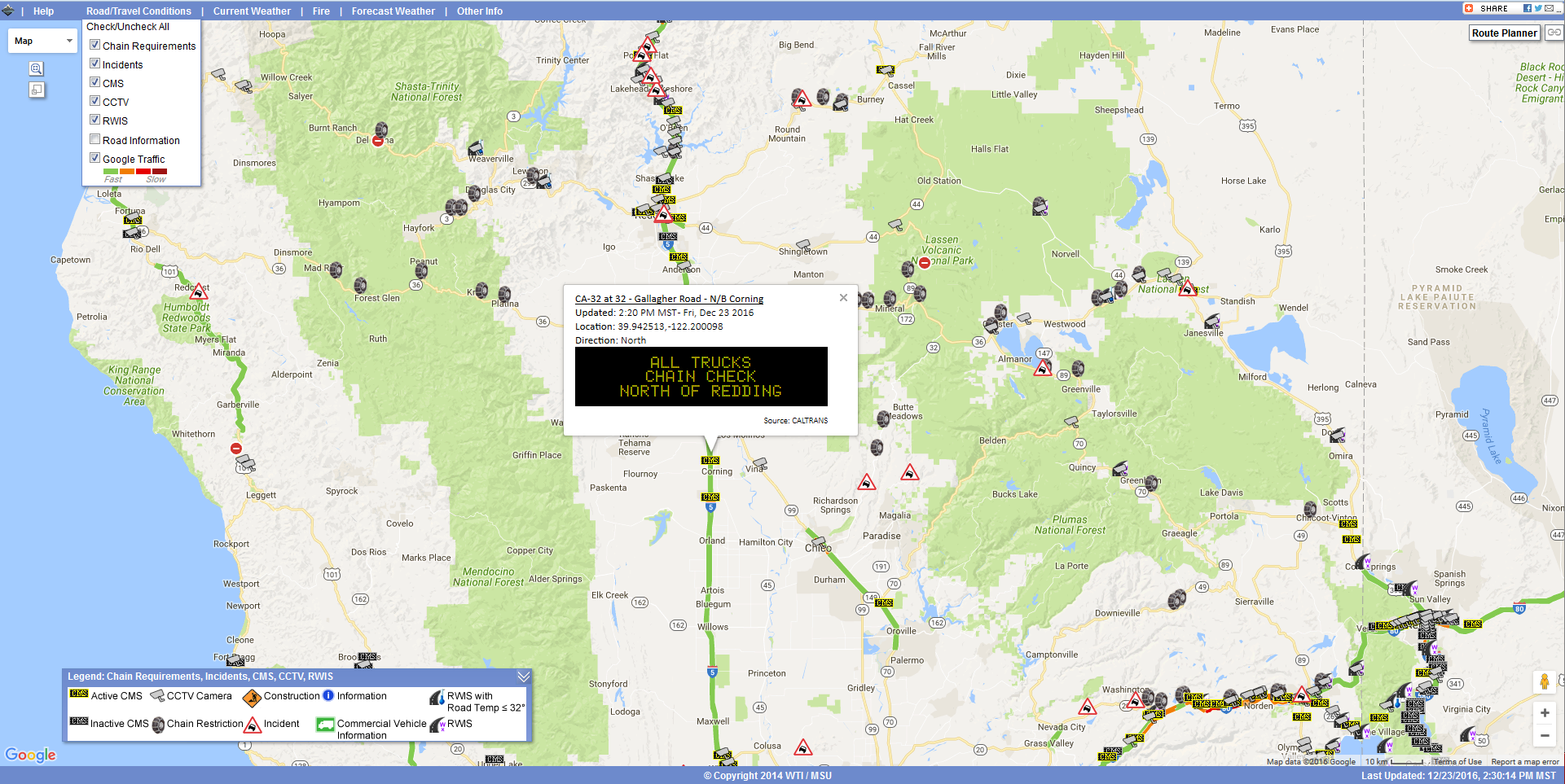 OSS screenshot, 12/23/2016, Caltrans CMS message: All Trucks Chain Check North of Redding. OSS screenshot, 12/23/2017, Caltrans CMS message: All Trucks Chain Check North of Redding.