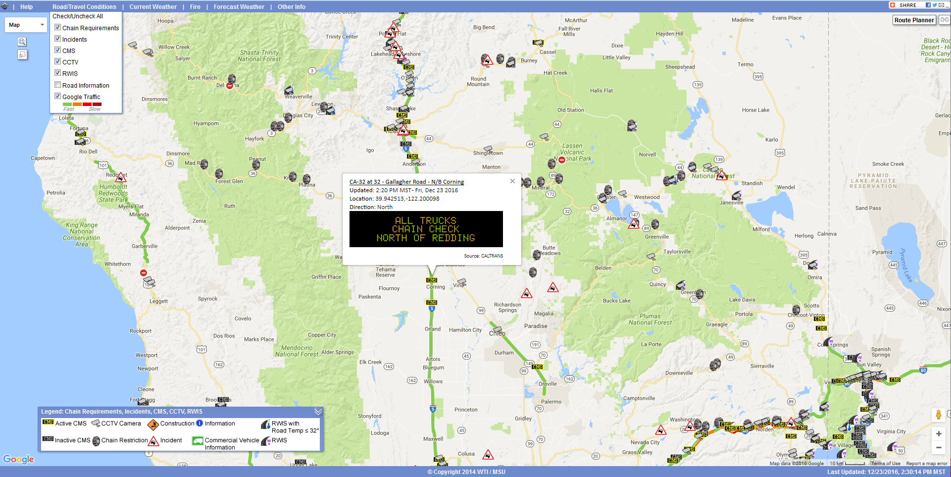 OSS screenshot, 12/23/2017, Caltrans CMS message: All Trucks Chain Check North of Redding.