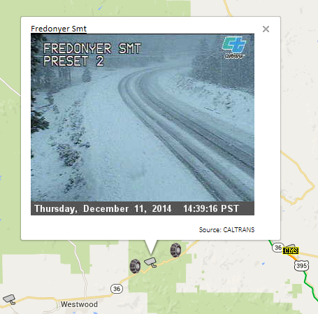 OSS Screenshot, 2014-12-11: CCTV camera image at Fredonyer Summit showing an icy and snow covered roadway. OSS Screenshot, 2014-12-11: CCTV camera image at Fredonyer Summit showing an icy and snow covered roadway.