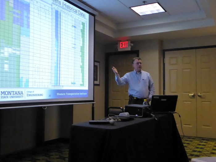 Doug Galarus, WTI, presents WeatherShare data during his 2017 Forum presentation. Doug Galarus, WTI, presents WeatherShare data during his 2017 Forum presentation.