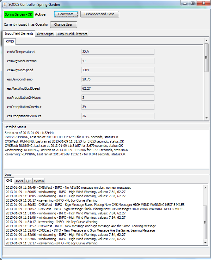 Screenshot showing the interface admin screen with current input values for the RWIS (i.e., Air Temperature, Dewpoint Temp, etc.), along with module status, and log messages.