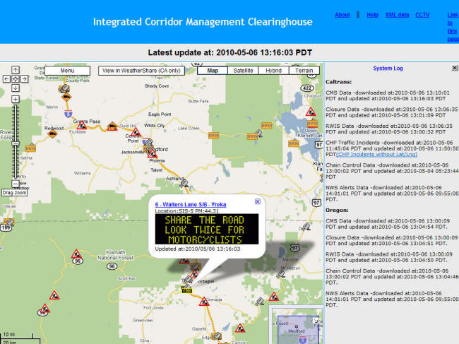 ICM Website Screenshot: Here, a CMS message is shown. Note that the CMS icon is colored yellow to indicate an active message. The icon will be grey if there are no messages.