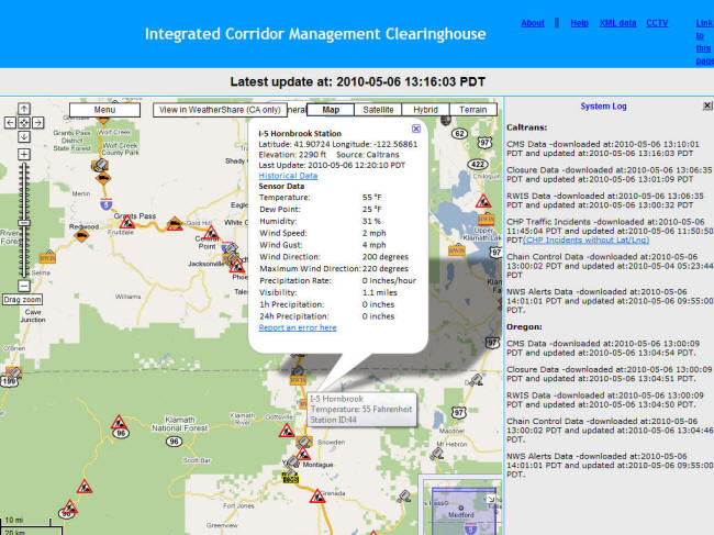 ICM Website Screenshot: RWIS (Road Weather Information Systems) icons present weather sensor information. It looks like the conditions are pretty good today along the Pass.