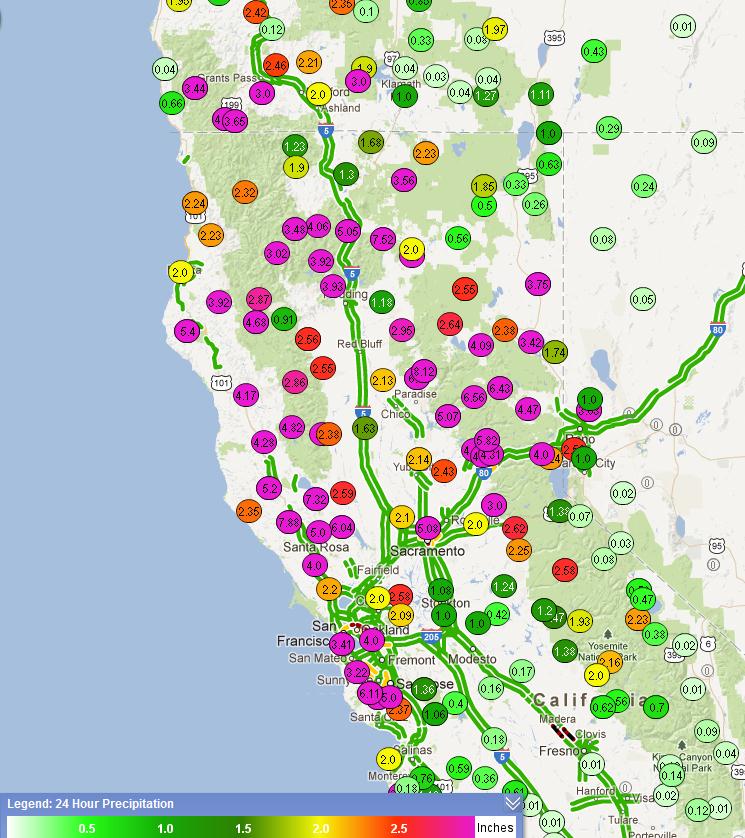 24-Hour Precipitation of Central and Northern California with a large area of the region receiving 2-7 inches of rain