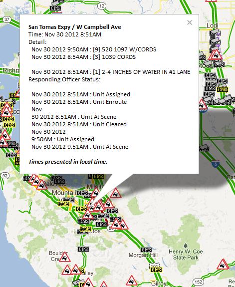 Incident report at San Tomas Expy / W Campbell Ave indicating 2-4 inches of water in #1 lane of roadway.