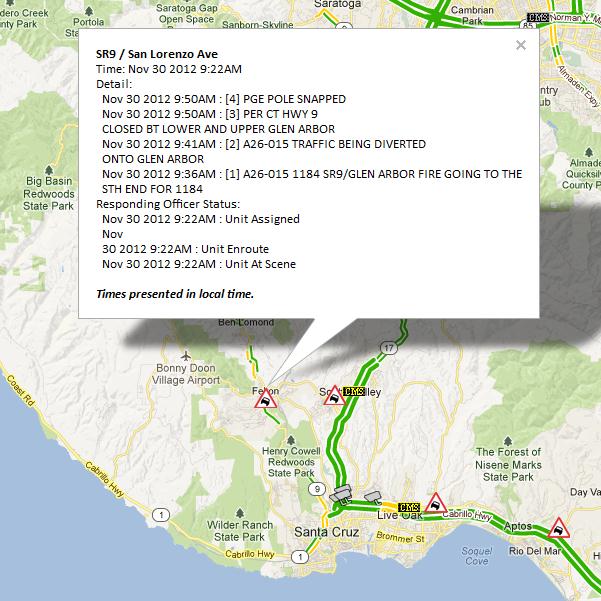 Incident report at SR9 / San Lorenzo Ave indicating that a PGE pole snapped.