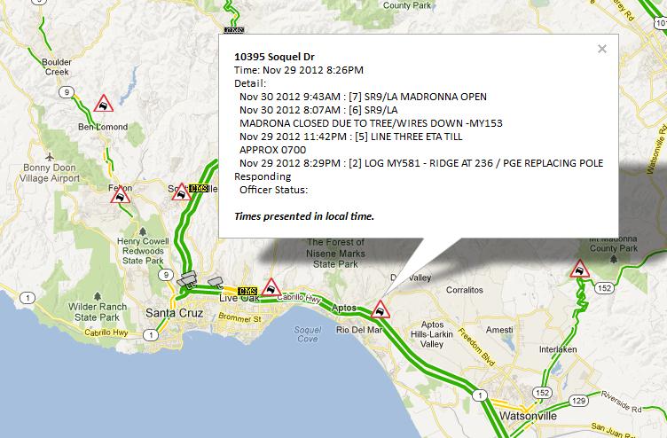 Incident report at 10395 Soquel Dr indicating that Madrona closed due to tree/wires down.