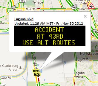 Road warning sign at I-5 and Laguna Blvd in Sacramento displaying: Accident at 43rd, Use Alt Routes.