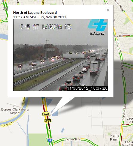 : CCTV on I-5, north of Laguna Blvd displaying an accident of a Semi-Truck in the median of the interstate.