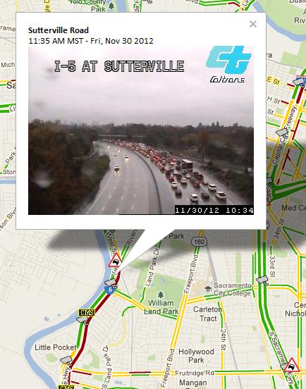CCTV at I-5 and Sutterville Rd showing heavy traffic due to an accident. 