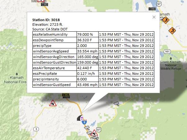 RWIS data near Mt. Shasta displaying winds of 33.5 mph and a precipitation rate of 0.127 in/hr. 