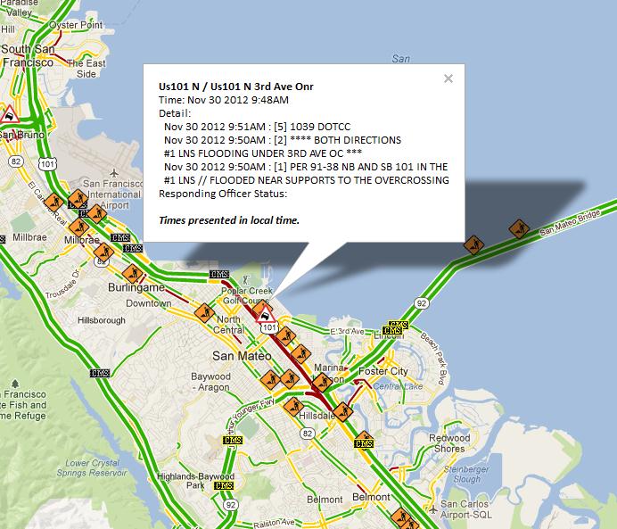 Incident report of traffic lanes being flooded.