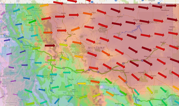 OSS screenshot, 10/11/2015, forecast wind gust speeds across Montana. OSS screenshot, 10/11/2015, forecast wind gust speeds across Montana.