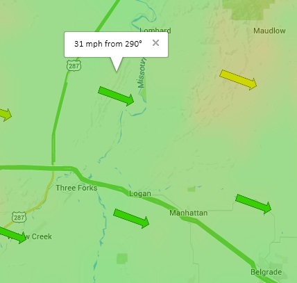 OSS screenshot, 10/11/2015, forecast wind speeds near Manhattan, Montana (31 mph from 290°).