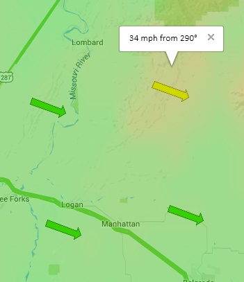 OSS screenshot, 10/11/2015, forecast wind speeds near Manhattan, Montana (34 mph from 290°).