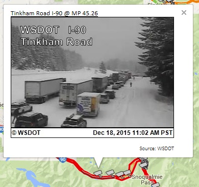 WSDOT CCTV Image in OSS showing a backup on I-90 West of Snoqualmie Pass on December 18, 2015.