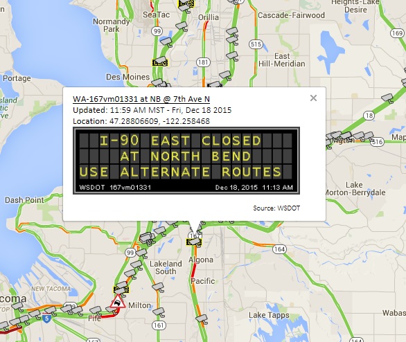 WSDOT CMS Message in OSS showing the Snoqualmie Pass closure on December 18, 2015.