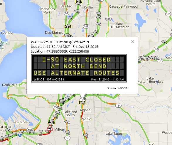 WSDOT CMS Message in OSS showing the Snoqualmie Pass closure on December 18, 2015. WSDOT CMS Message in OSS showing the Snoqualmie Pass closure on December 18, 2015.