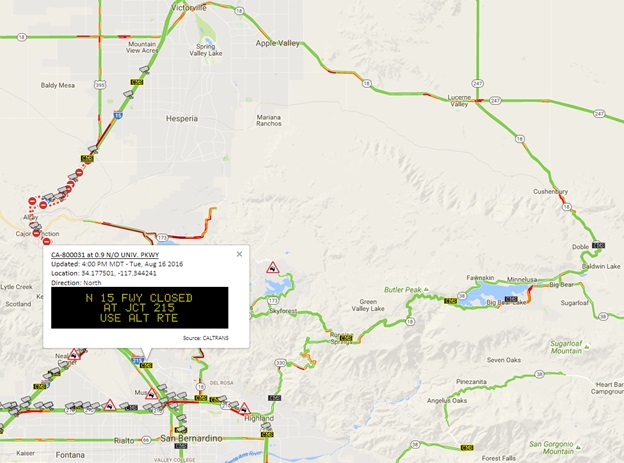 Screenshot showing Interstate 15 closure north of San Bernardino on August 17th, 2016.