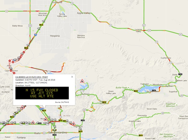 Screenshot showing Interstate 15 closure north of San Bernardino on August 17th, 2016. Screenshot showing Interstate 15 closure north of San Bernardino on August 17th, 2016.
